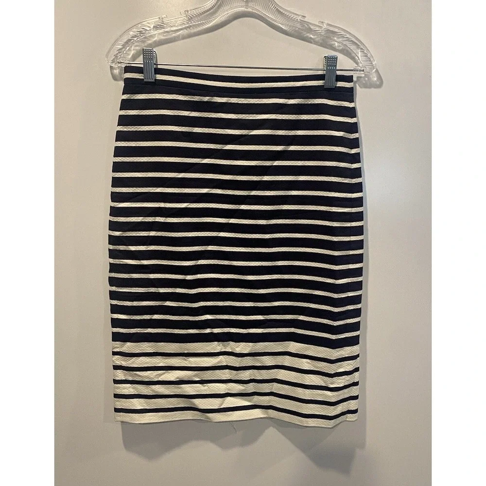 J.Crew Navy White Striped Cotton Pique Pencil Skirt A1843 Womens 0 Nautical